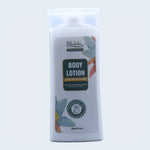 Body lotion bottle with floral design on a light gray background