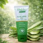 Green aloe vera gel tube by bluwon with aloe leaves on a natural background