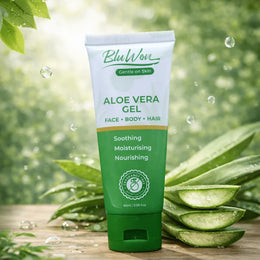 Green aloe vera gel tube by bluwon with aloe leaves on a natural background