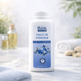 Bottle of BluWon Talcum Powder with a floral label on a blurred background