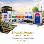 Hajj & Umrah essential kit with various products and a mosque background