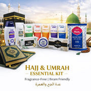 Hajj & Umrah essential kit with various products and a mosque background