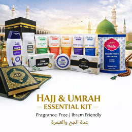 Hajj & Umrah essential kit with various products and a mosque background