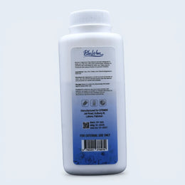 White bottle with blue label on a light gray background